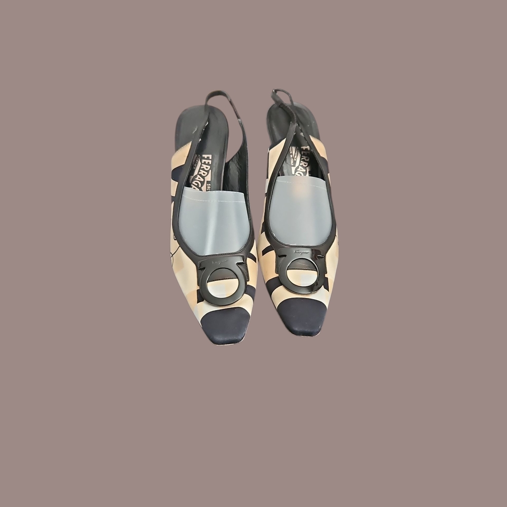 Salvatore Ferragamo Black and Cream Slingback Heels